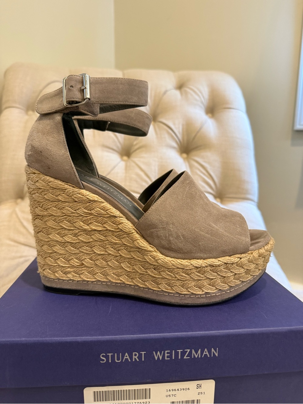 Stuart Weitzman Sohogal Taupe Suede Espadrille Wedges with Ankle Buckle